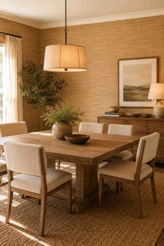 Natural honey grasscloth textured wallpaper in warm relaxed dining room with wood table and linen chairs
