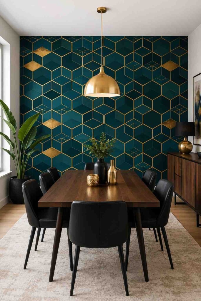 Bold teal and gold geometric hexagon wallpaper behind dark wood dining table with minimal gold pendant light
