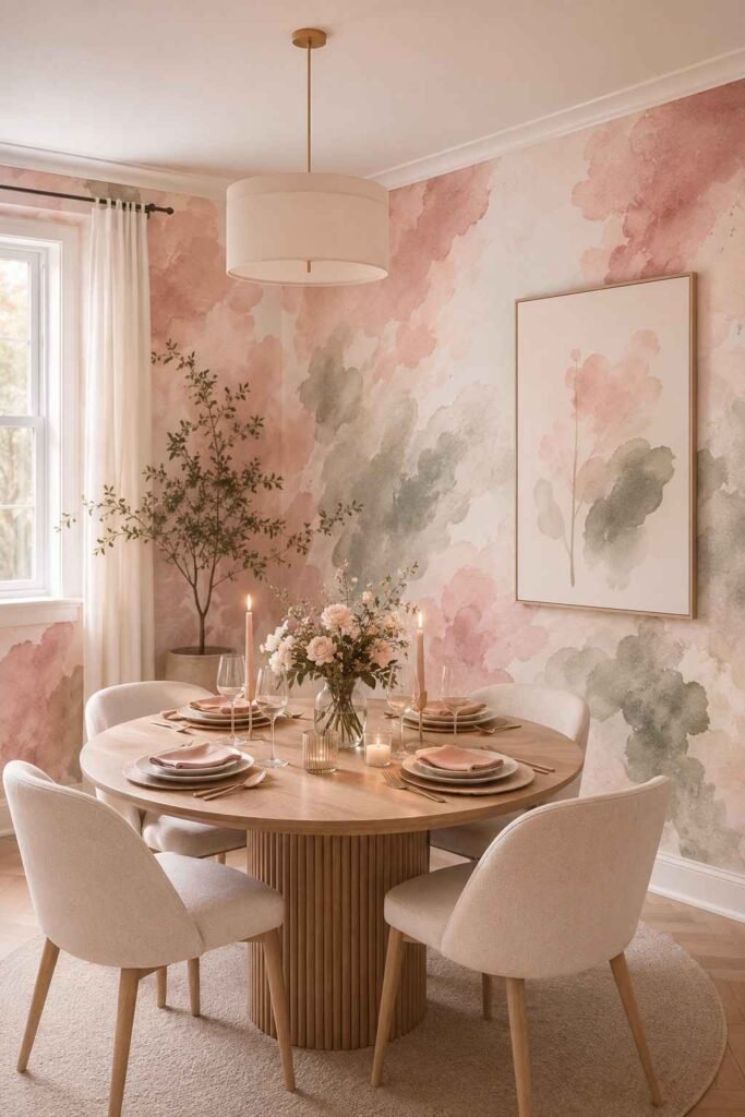 Soft blush and sage watercolor brushstroke wallpaper in dreamy romantic dining room with cream chairs and wood table