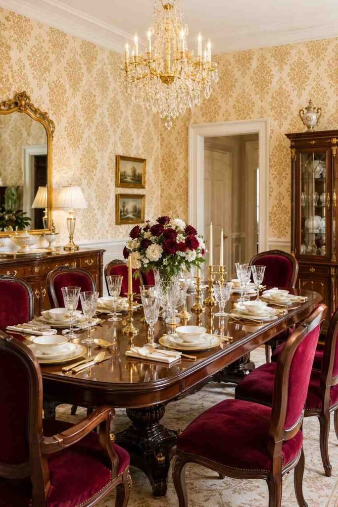 Ivory and gold damask wallpaper in classic elegant dining room with dark wood table crystal glasses and velvet chairs