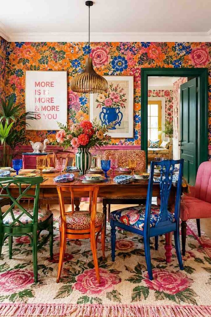 Bold maximalist floral wallpaper in jewel tones of orange blue and green in eclectic dining room with mixed chairs