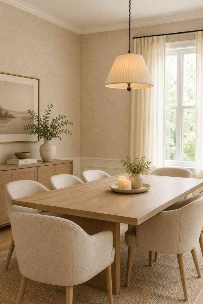 Warm oatmeal linen effect wallpaper in understated luxury dining room with wood table linen chairs and soft pendant light