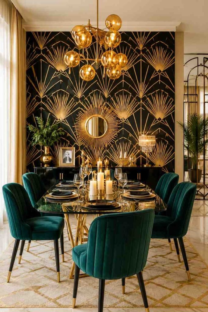 Gold and black Art Deco geometric wallpaper in glamorous dining room with glass table teal velvet chairs and amber lighting