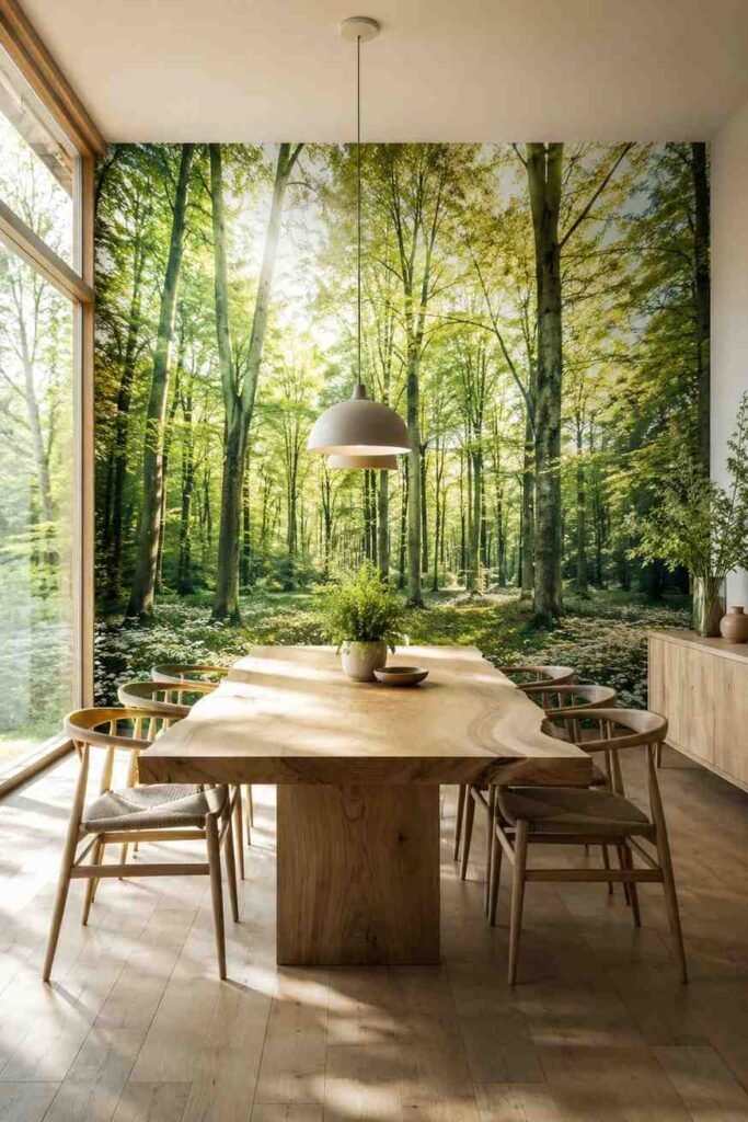 Full wall panoramic forest mural wallpaper in stunning dining room with natural wood table and minimal pendant light
