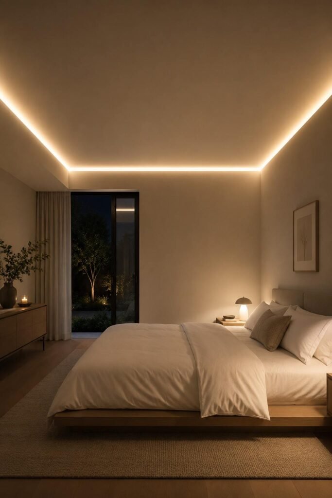 Warm white LED strip lights along ceiling perimeter creating a soft floating glow above a minimal platform bed in a modern bedroom