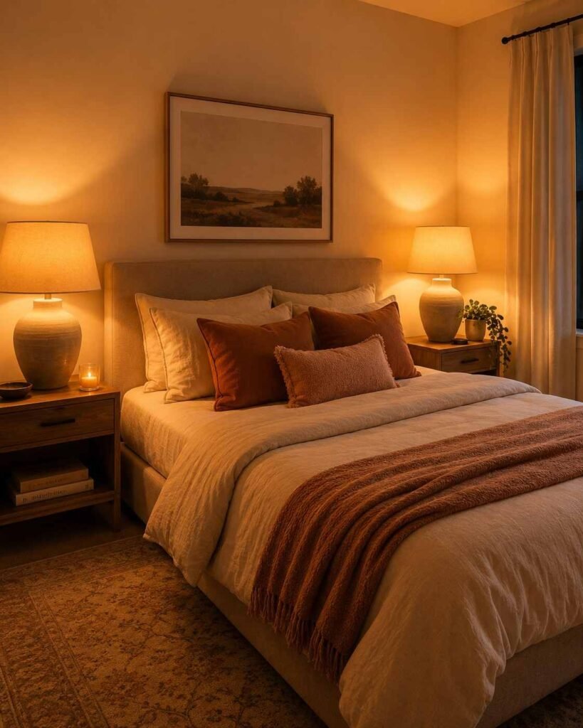 Two ceramic bedside lamps glowing warm amber from color changing smart LED bulbs on either side of a cozy cream linen bed