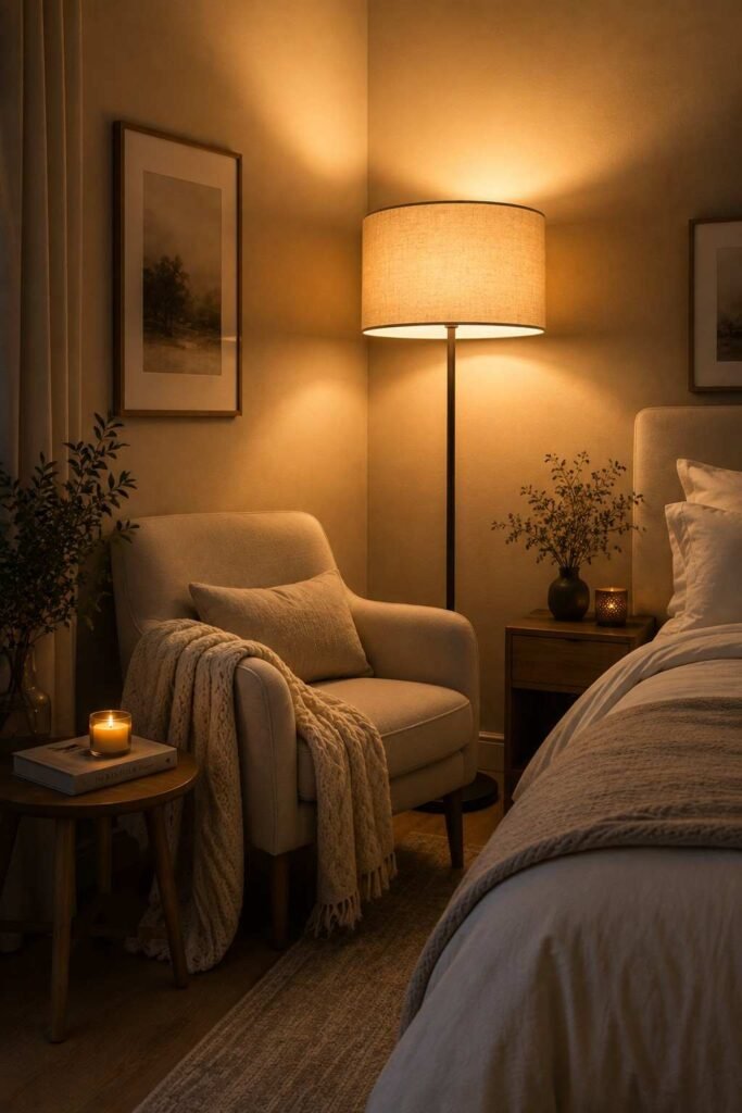 Tall LED floor lamp with warm linen shade casting soft golden ambient light beside a cream armchair in a cozy bedroom corner