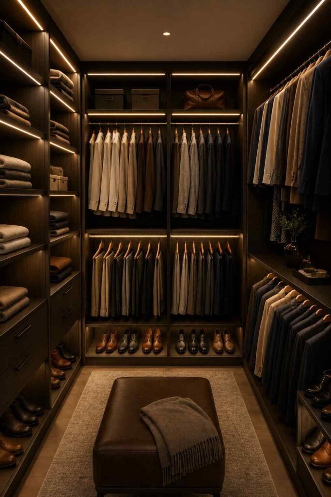 Warm white LED strip lights illuminating inside of organized walk in wardrobe along shelves and hanging rail with color coordinated clothes