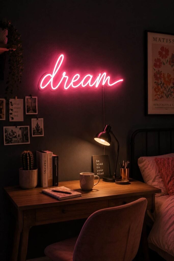 Warm amber LED strip lights under platform bed frame creating a beautiful floating glow effect on dark wooden bedroom floor at night