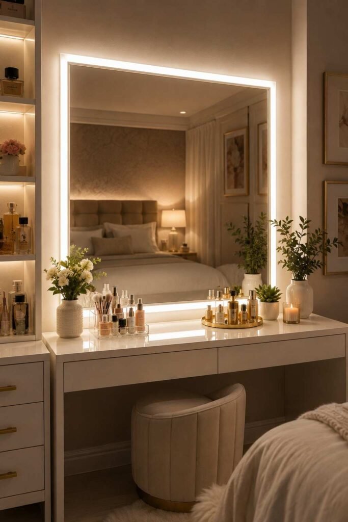 Large rectangular bedroom mirror framed with daylight LED strip lights on all four edges above a styled white dressing table Hollywood vanity style