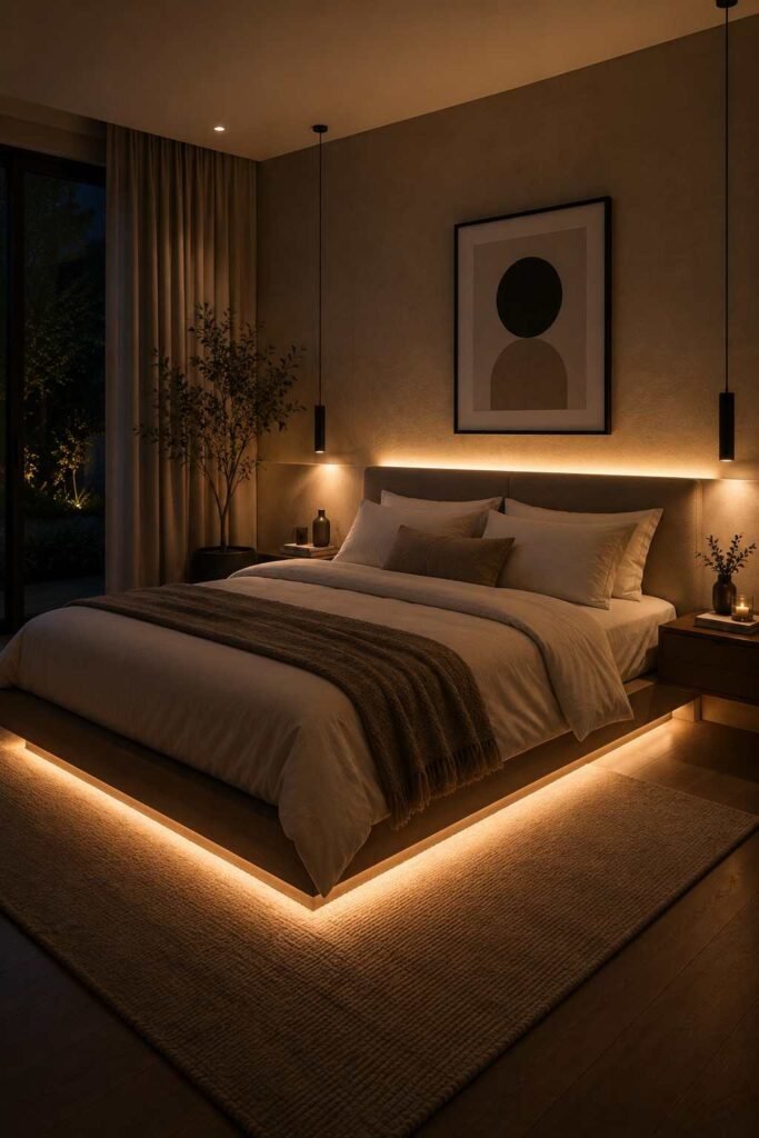 Warm amber LED strip lights under platform bed frame creating a beautiful floating glow effect on dark wooden bedroom floor at night
