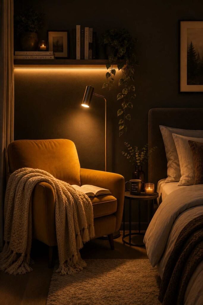 Cozy bedroom reading nook with mustard velvet armchair slim LED floor lamp and underlit floating bookshelf in warm golden light
