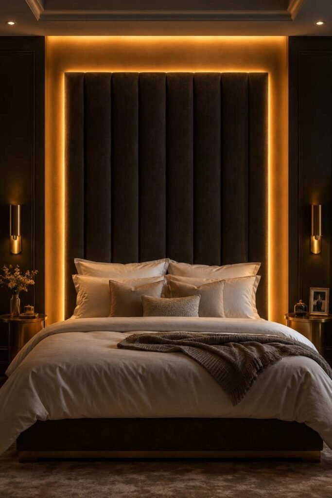 Warm amber LED strip lights glowing behind a dark charcoal upholstered headboard creating a halo effect in a cozy bedroom