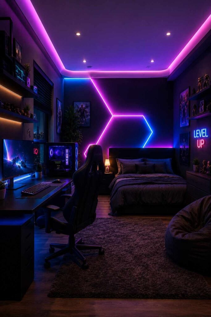 Boys gaming bedroom with neon LED accent wall in purple and blue lighting