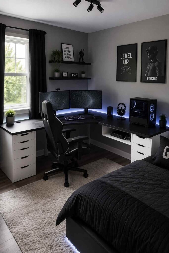 L shaped gaming desk station with dual monitors for boys gaming bedroom