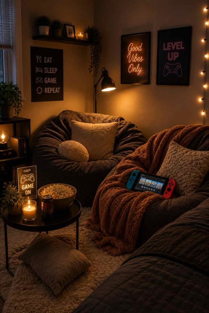 Cozy bean bag gaming nook with cushions in boys bedroom