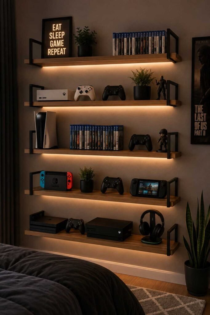 Floating shelves for gaming console storage in boys bedroom