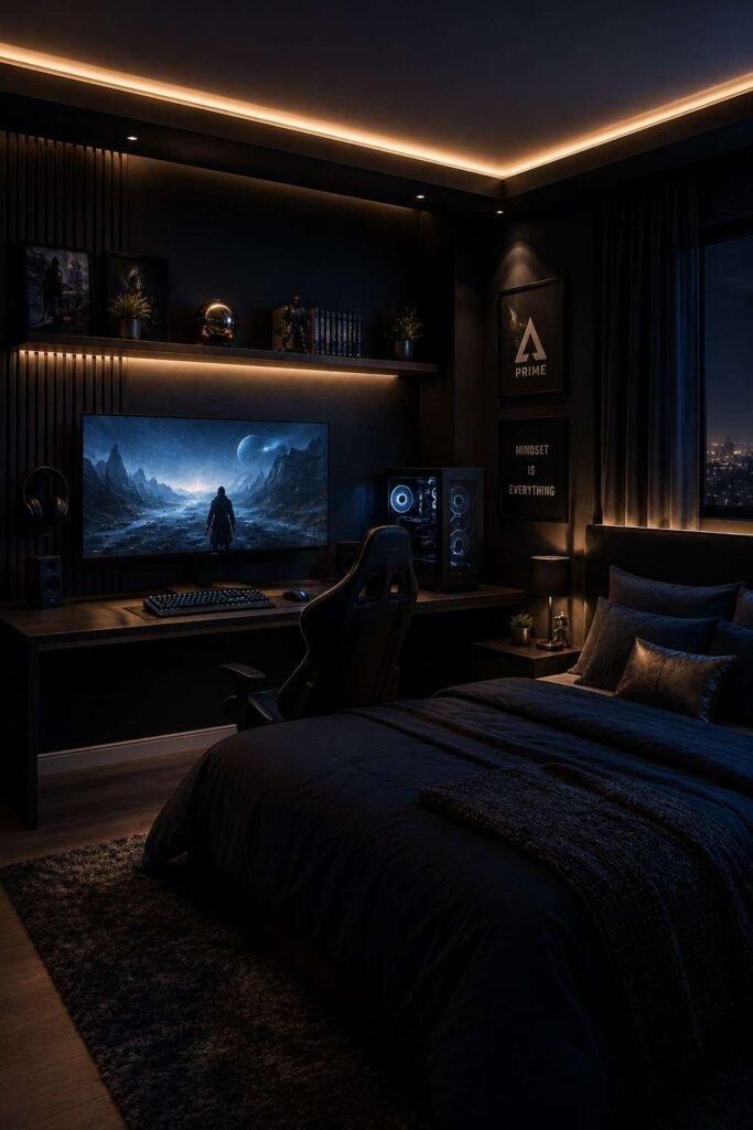 Dark themed boys gaming bedroom with charcoal walls and metallic accents