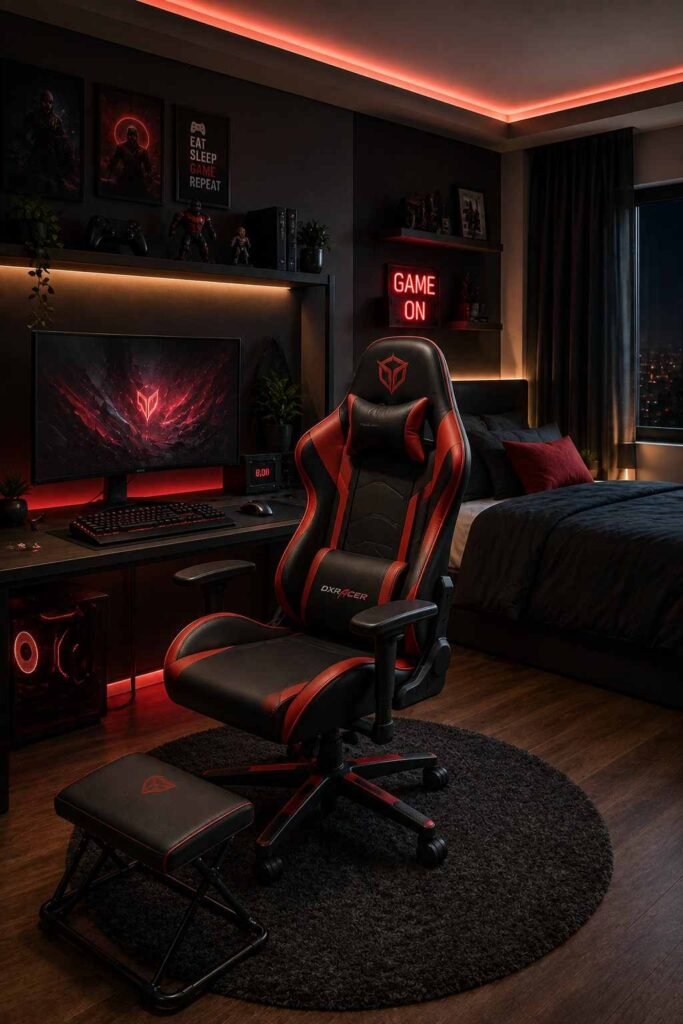 Red and black ergonomic gaming chair corner in boys bedroom