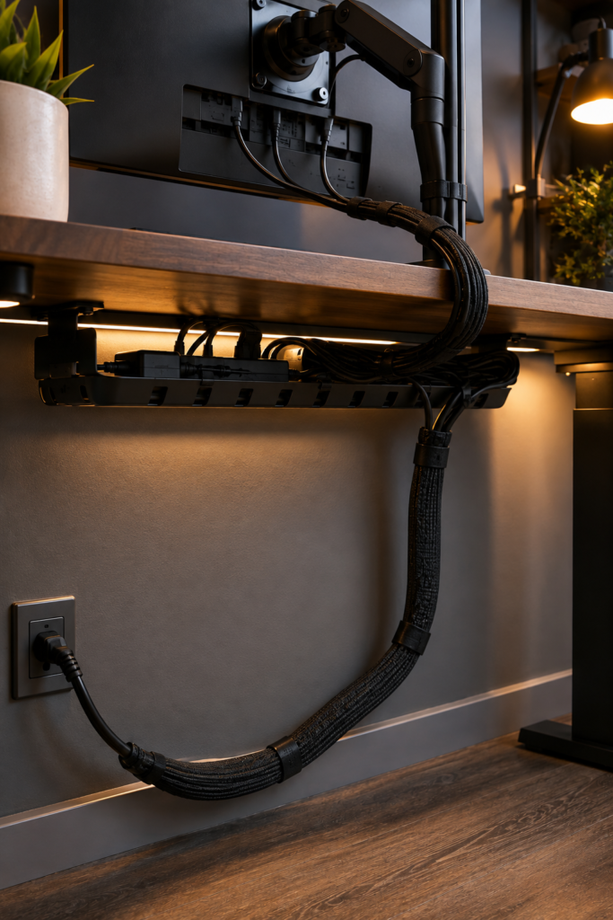 Organized cable management setup under gaming desk