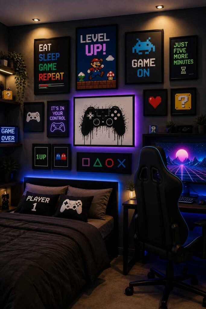 Gallery wall with gaming posters and pixel art in boys bedroom
