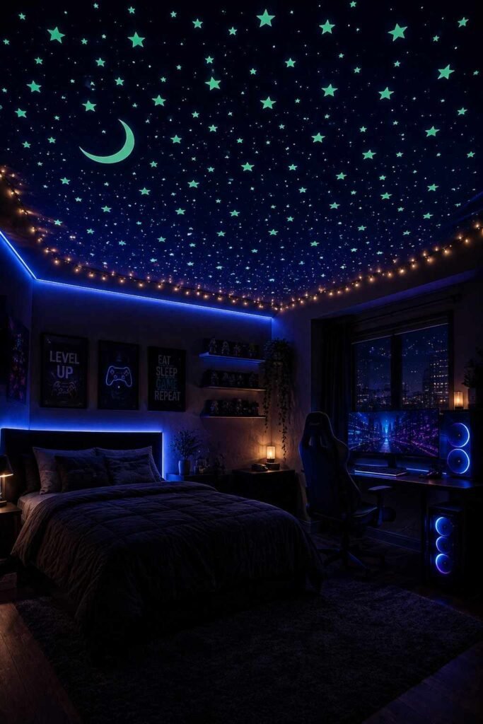 Glow in the dark ceiling stars in boys gaming bedroom