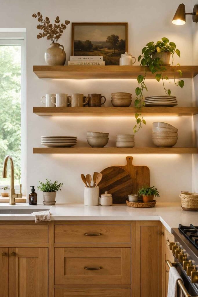 Warm oak open shelving in a modern kitchen styled with mugs, plates, and a small plant