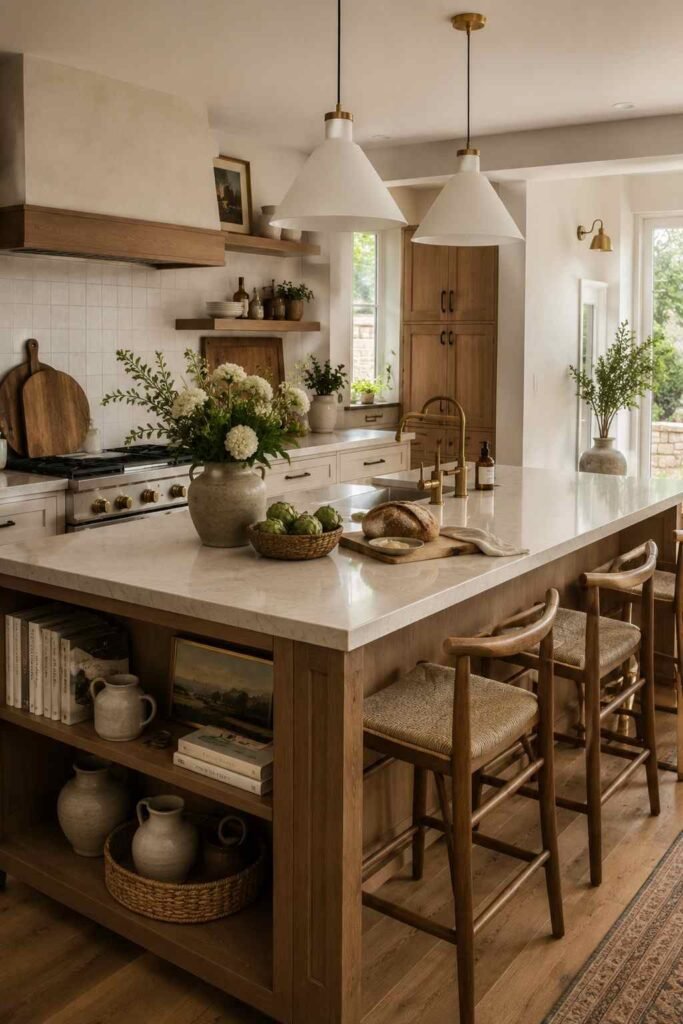 Multifunctional kitchen island with built-in storage, seating, and warm wood details