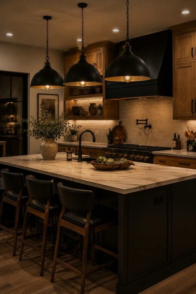 Matte black pendant lights creating a warm glow above a modern kitchen island