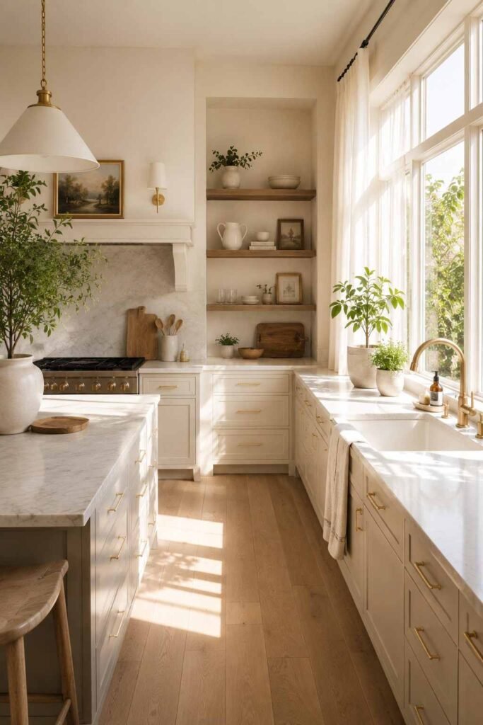 Bright kitchen filled with natural morning light through sheer linen curtains