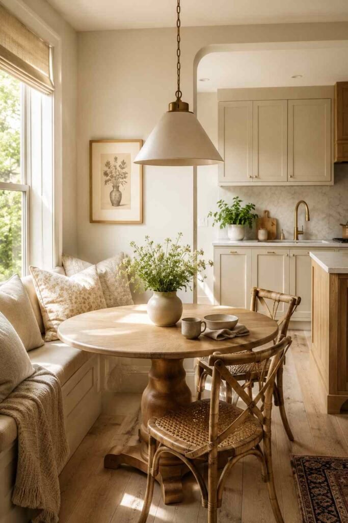 Cozy kitchen breakfast nook with a round wooden table, woven chairs, and linen bench