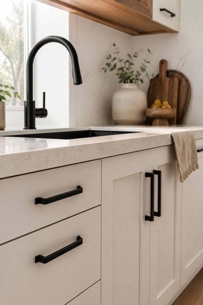 Matte black kitchen faucet and cabinet handles against warm white cabinetry