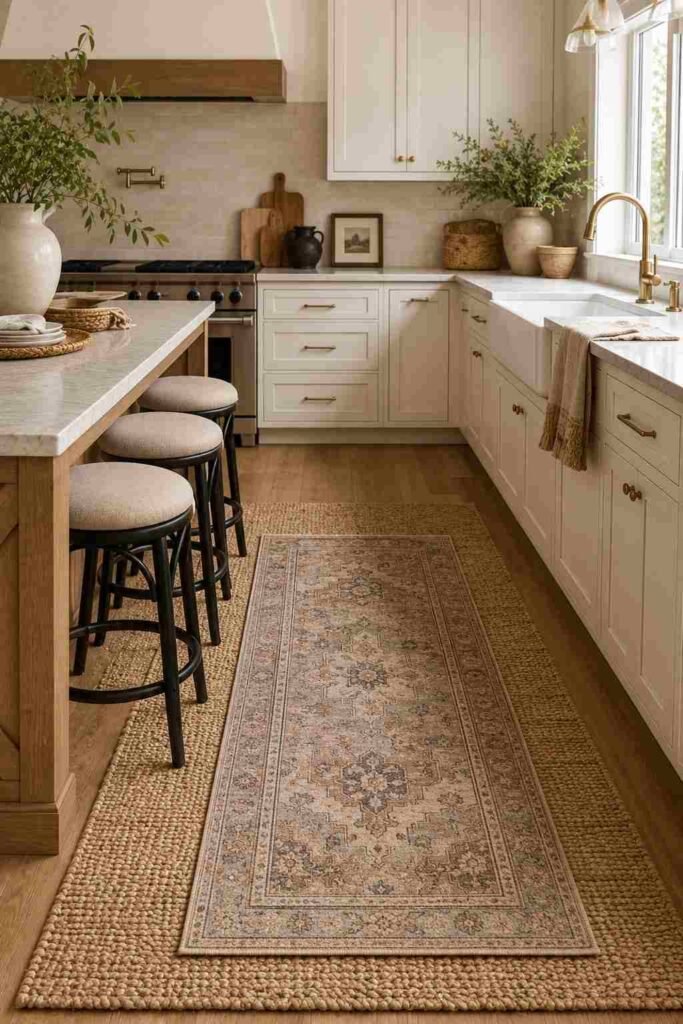 Layered jute rug and patterned runner adding warmth to a modern kitchen floor
