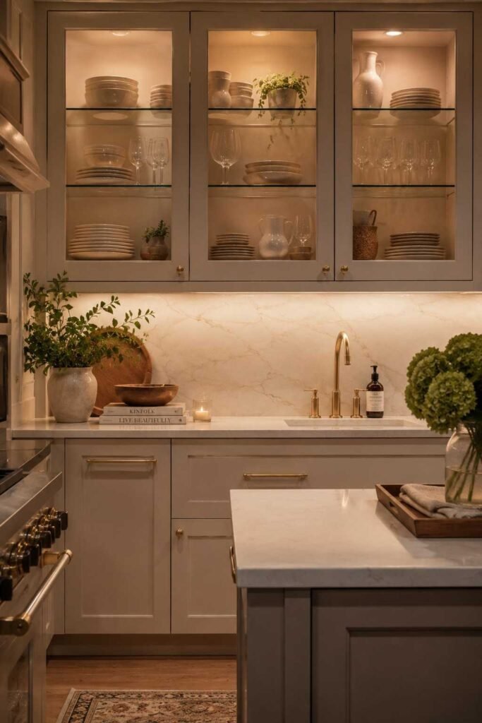 Glass front kitchen cabinets displaying softly illuminated dishes and glassware