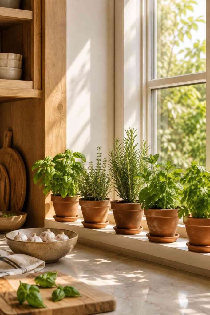 Sunny kitchen windowsill with fresh basil, thyme, rosemary, and other herbs