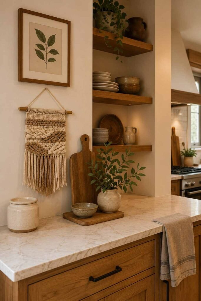 Framed botanical art and woven wall hanging adding personality to a warm kitchen