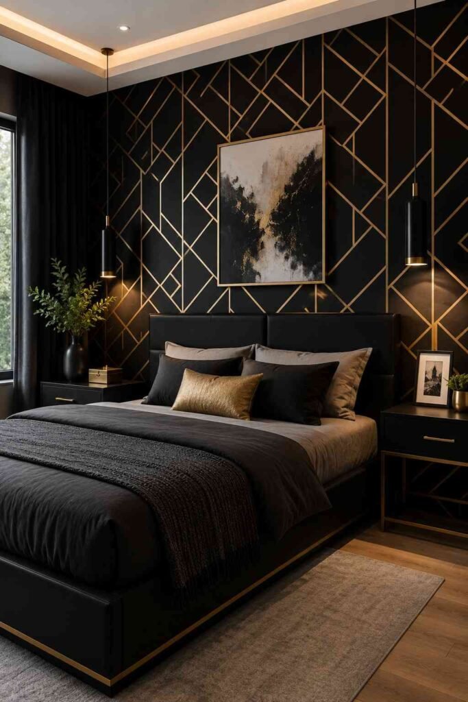 Bold black and gold geometric wallpaper on a modern bedroom accent wall
