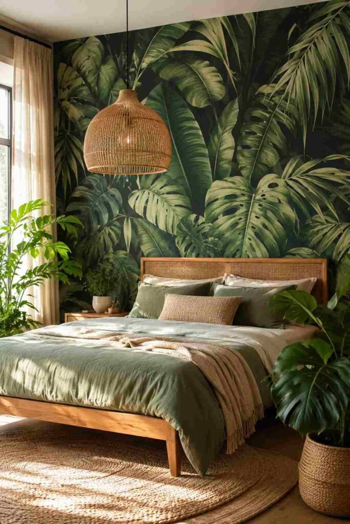 Deep green botanical leaf wallpaper creating a jungle inspired calm bedroom retreat