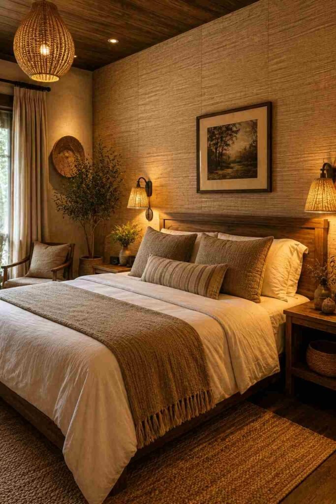 Beige grasscloth textured wallpaper adding warmth to a cozy neutral bedroom