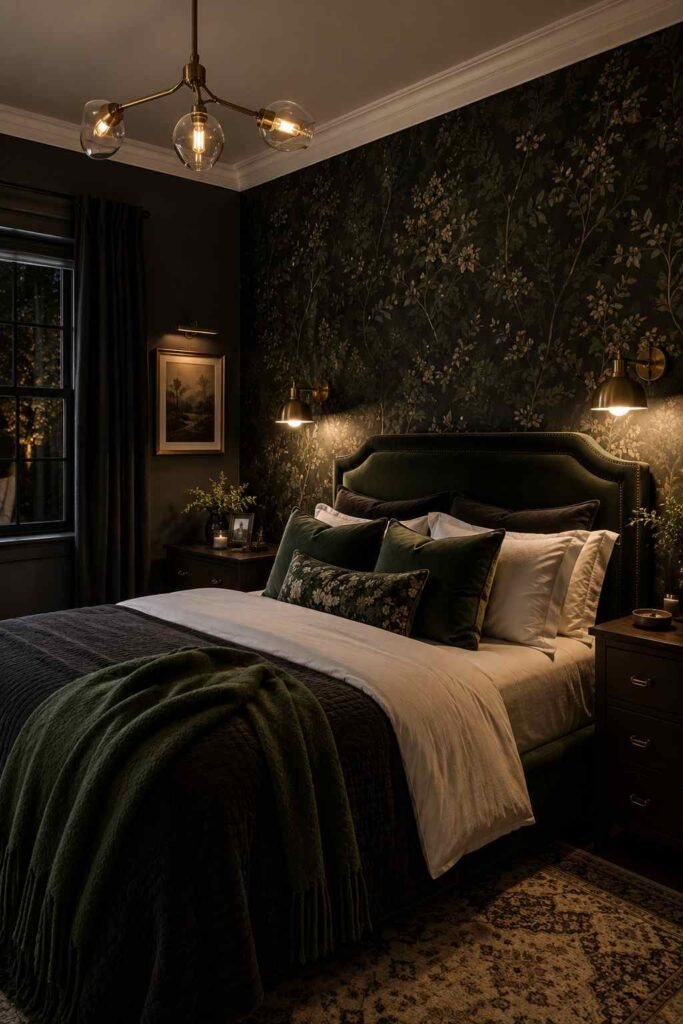 Dark charcoal moody wallpaper with white trim creating a dramatic bedroom retreat