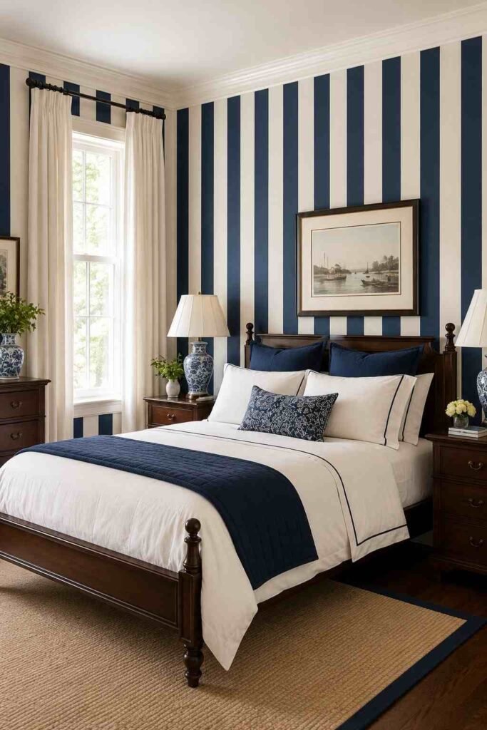 Classic navy and white vertical striped wallpaper in a bright timeless bedroom