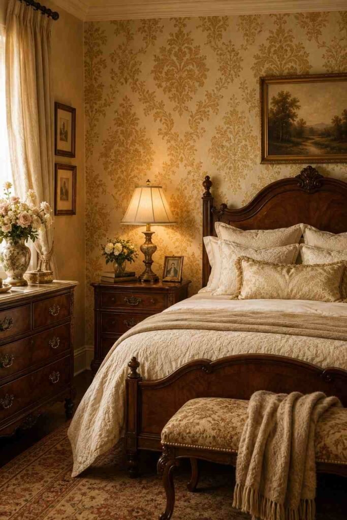 Vintage gold and cream damask wallpaper in an elegant timeless bedroom