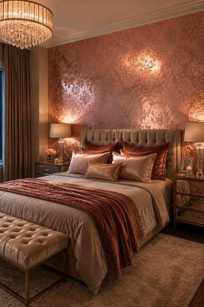 Rose gold metallic accent wallpaper in a glamorous upscale bedroom