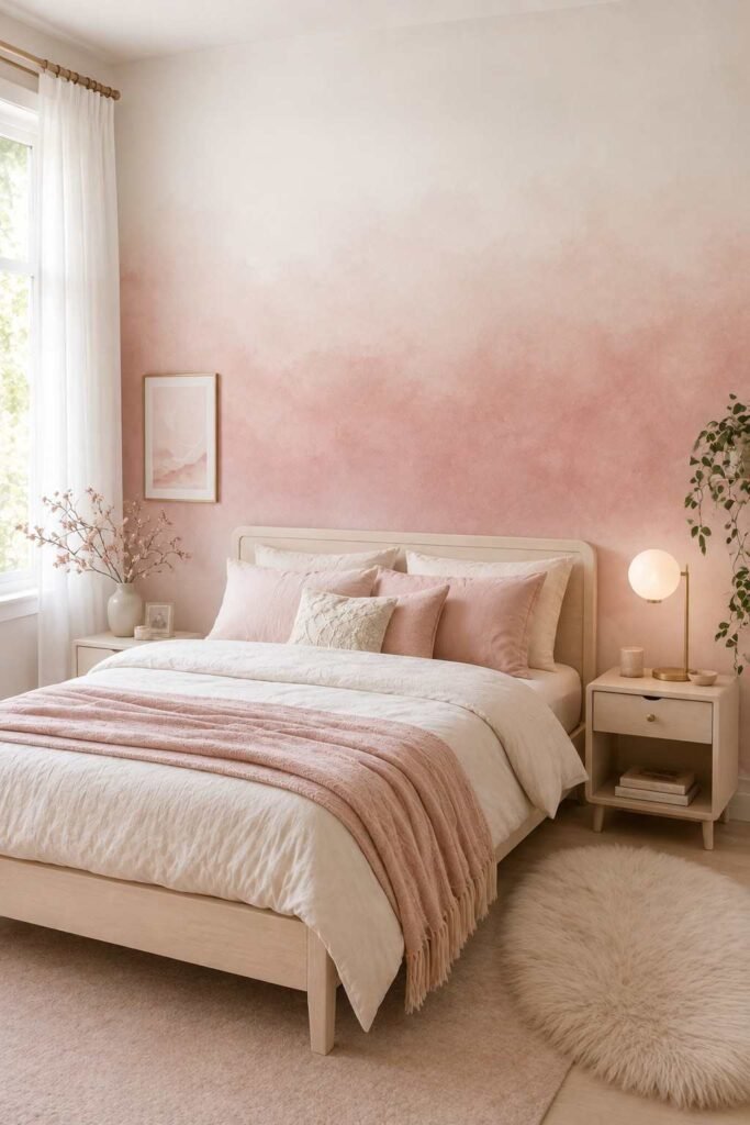 Soft blush to white ombre gradient wallpaper in a dreamy modern bedroom