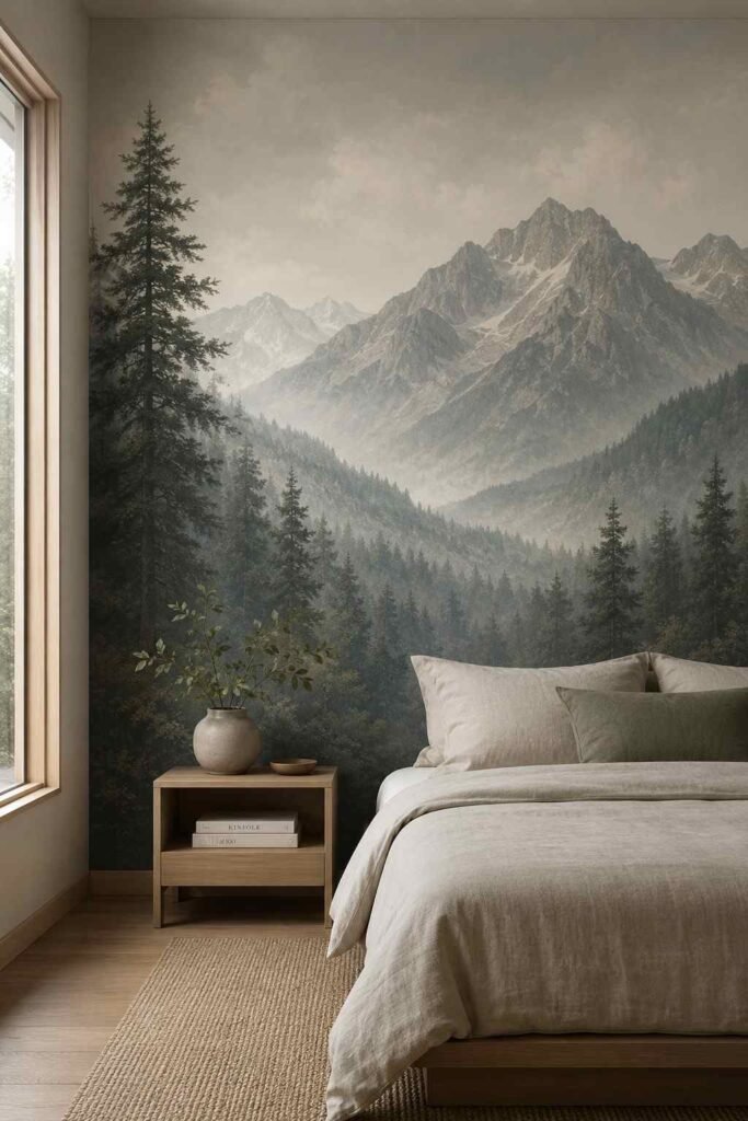 Rose gold metallic accent wallpaper in a glamorous upscale bedroom