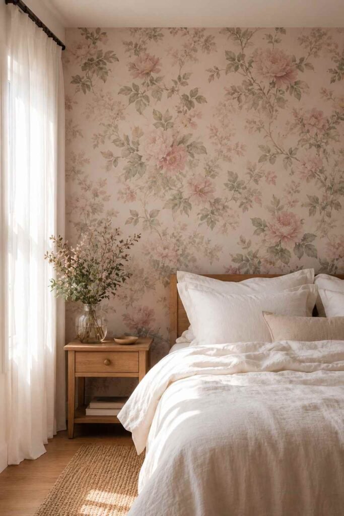 Soft floral wallpaper in muted pink and sage tones in a bright, romantic bedroom