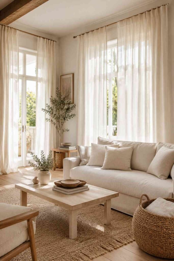 Airy living room with soft white linen curtains, cream sofa, pale wood furniture, and natural greenery.
