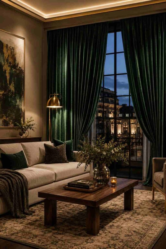  Luxurious living room with emerald green velvet curtains, cream sofa, brass lighting, and walnut furniture.
