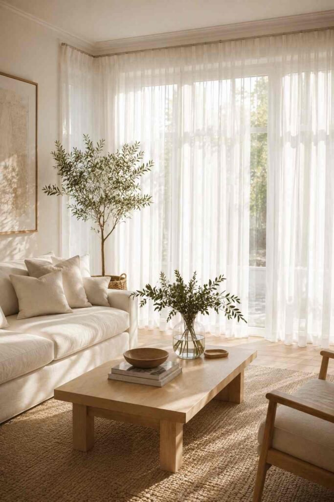  Bright living room with white sheer curtains softly filtering sunlight around a cream sofa.
