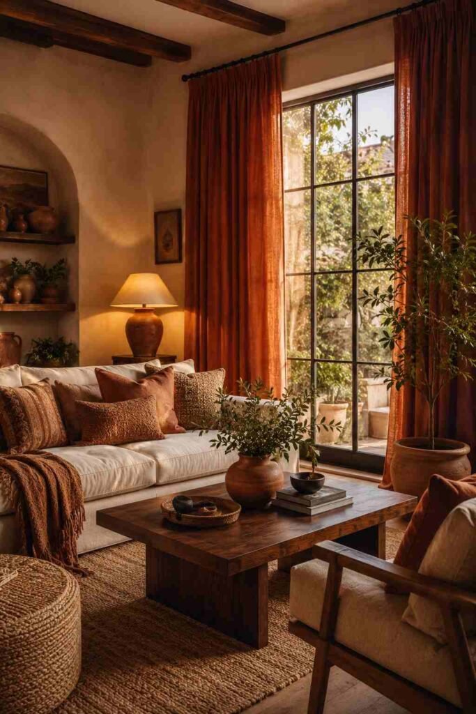 Earthy living room with terracotta curtains, cream sofa, walnut furniture, plants, and warm lighting.
